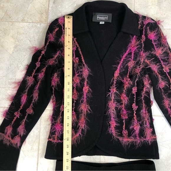 VINTAGE Egoiste black & pink feather blazer midi skirt suit size 4 - Picture 14 of 17